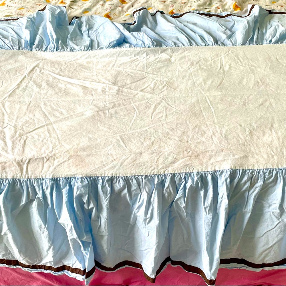 Restoration Hardware Crib Skirt-light blue with chocolate brown stripe